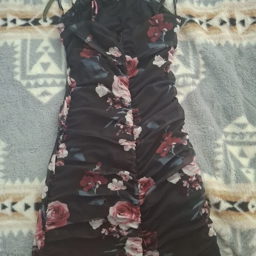Black Floral Ruched Mini Dress with Pink Rose Print